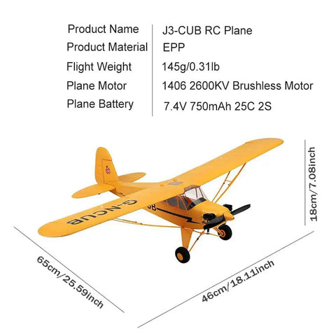 Yellow Upgrade 5 Channel RC Plane With 3D And 6G Gyro J3 Cub Style Airplane For Adults, 1406 Brushless Motor, EPP Foam