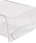 Genuine OEM Clear Crisper Drawer Replacement for Refrigerators fits GE models, durable, transparent plastic design, keeps items fresh.