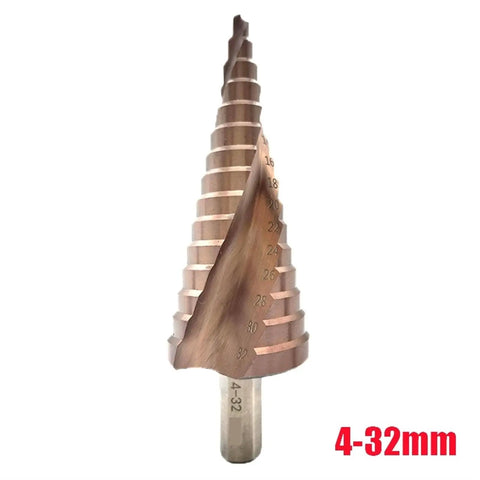 Kickass Heavy Duty M35 Cobalt Step Drill Bit Set In 4-12 4-20 And 4-32mm Sizes For Stainless Steel Tapered Hss Hole Punch Kit With Spiral Groove And Triangle Shank Grip For Tough DIY Jobs, 4-32mm bit close-up