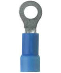 Heavy Hitting Vinyl Insulated Ring Terminal Fits 14 To 16 AWG Wire with six stud mount and blue insulation.
