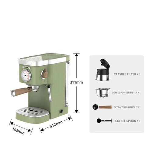 Heavy Duty No Hassle Electric Cappuccino Maker With Smooth Pour Milk Frother And Quick Adjust Brew Settings Removable Drip Tray, green, 311mm high.
