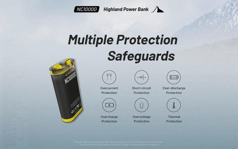 Image of an Ultralight 10000mAh Power Bank with Built In Flashlight showing multiple protection safeguards against power issues.