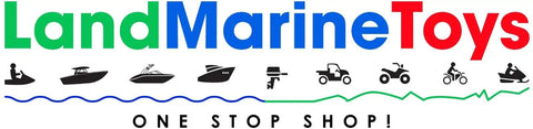 LandMarineToys logo with icons of boats and vehicles, one stop shop tagline underneath in white background