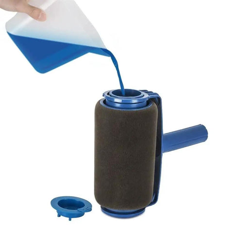 Pouring blue paint into No Hustle Seamless Paint Roller Duo With Built In Flocked Edger for easy wall projects.