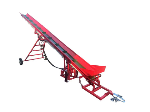 Red 7HP Gas Powered Firewood Conveyor 18FT Long Log Conveyor With Hydraulic Adjustable Height And PVC Anti Slip Belt Portable Timber Elevator