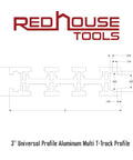 Illustration of 3-inch universal aluminum T-track profile by Redhouse Tools, highlighting dimensions for woodworking jigs and fixtures.