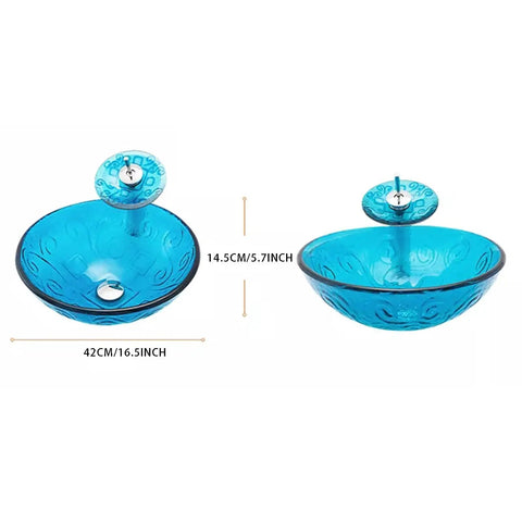 USZWBY Bathroom Vessel Sink,Tempered Glass Vessel Sink Sky Blue Round Basin Washing Bowl Set with Faucet Pop-Up Drain and Water Pipe, Countertop Installation showing dimensions 42CM/16.5INCH and 14.5CM/5.7INCH.