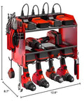 Heavy Duty Wall Mount Power Tool Organizer With Charging Station, Drill Storage Shelf With Hooks, Battery Holder and Built in 8 Outlet Power Strip, Garage Organizer Rack in Red, 1 Pack with tools and dimensions visible