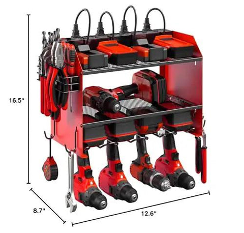 Heavy Duty Wall Mount Power Tool Organizer With Charging Station, Drill Storage Shelf With Hooks, Battery Holder and Built in 8 Outlet Power Strip, Garage Organizer Rack in Red, 1 Pack with tools and dimensions visible
