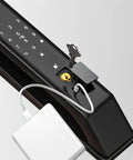 Close-up of Heavy Duty Smart Door Lock With Fingerprint Scanner and Video Intercom, featuring keypad and key slot.