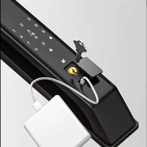 Close-up of Heavy Duty Smart Door Lock With Fingerprint Scanner and Video Intercom, featuring keypad and key slot.