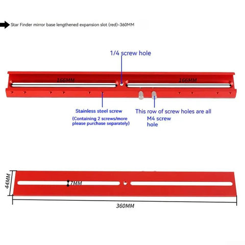 Versatile Dovetail Base Mount For Telescopes With Finder Bracket 360mm red aluminum with screw holes and measurements