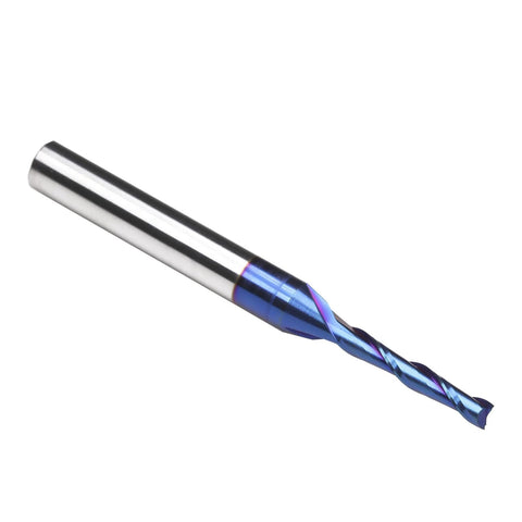 Solid Carbide Spiral Upcut Router Bits Set Two Pieces One Quarter Inch Shank One Eighth Inch Cutting Diameter Two And A Half Inch Total Length Nano Blue Coating Workhorse For Carving Standard Milling Finishing And Boring