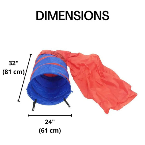 Dog Agility Tunnel With Chute Training Gear 24 Inch Diameter 32 Inch Tunnel And 152 Inch Chute, blue and red setup