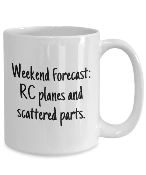"RC Planes Gift For Aviation Nerds And Hobbyists Coffee Mug For RC Plane Pilots Radio Controlled Aircraft Teacup Perfect Gift For RC Enthusiasts Fun Desk Decor For Flight Lovers With Scattered Parts Theme" 11 oz white ceramic mug with RC planes and scattered parts text design, side view.