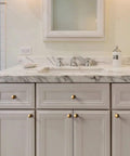 Bathroom vanity with Six Pack Classic Round Cabinet Knobs 1 Inch Solid Ball Drawer Knobs With Vintage Antique Brass Finish