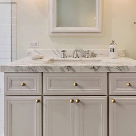 Bathroom vanity with Six Pack Classic Round Cabinet Knobs 1 Inch Solid Ball Drawer Knobs With Vintage Antique Brass Finish