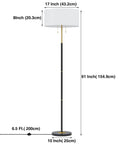 Two Light Floor Lamp With White Fabric Shade, Mid Century Tall Standing Lamp For Living Room And Bedroom, Adjustable 3 Color Temperatures, Includes 9W Bulb, Modern Home Lighting, dimensions shown.