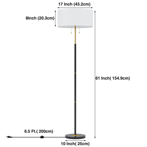 Two Light Floor Lamp With White Fabric Shade, Mid Century Tall Standing Lamp For Living Room And Bedroom, Adjustable 3 Color Temperatures, Includes 9W Bulb, Modern Home Lighting, dimensions shown.