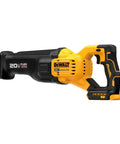 Heavy Duty Cordless Reciprocating Saw With Flexvolt Power And One Point One Two Inch Strokes For Fast Demolition Jobs Totally No Sweat Quick Blade Swaps Tool Only, showing the tool's side angle.