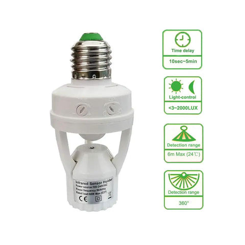 Close-up of Motion Sensor Light Socket E26 E27 PIR Auto On Off Night Light Adapter For Indoor Use with specifications chart