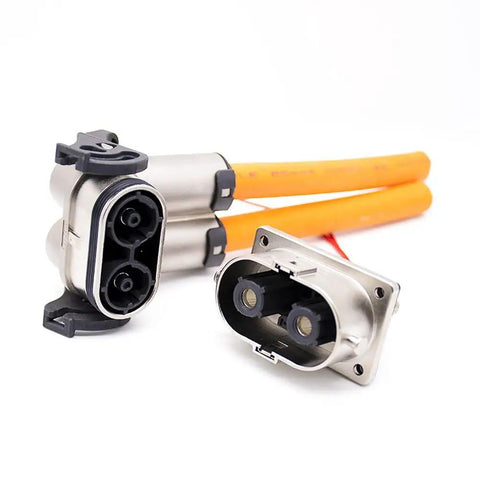 Heavy Duty High Voltage Safety Lock Connector 2 Pin Plug And Socket 125 Amp Rated Right Angle Metal Housing IP67 Sealed Tight with wires