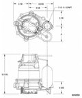 Diagram of Real Deal 1/3 Horsepower Automatic Sump Pump dimensions, showcasing tough bronze body and poly base.