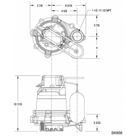 Diagram of Real Deal 1/3 Horsepower Automatic Sump Pump dimensions, showcasing tough bronze body and poly base.