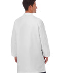 Back view of Flattering Fit Workhorse Ultra Soft Stretch Men's 38 Inch Lab Coat With Hand Access Slits 3 Outside Pockets 65/35 Polyester Cotton