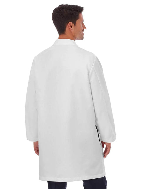 Back view of Flattering Fit Workhorse Ultra Soft Stretch Men's 38 Inch Lab Coat With Hand Access Slits 3 Outside Pockets 65/35 Polyester Cotton