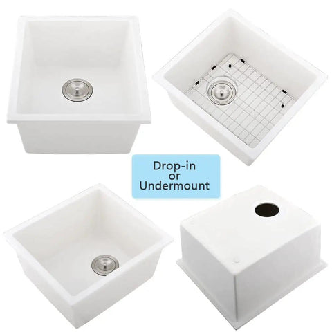 Undermount White Bar Sink 15x17 Deep Single Bowl For Wet Bar And RV Kitchen, Quartz Composite with fast drain and bottom grid