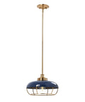 Industrial Caged Dome Metal Ceiling Light in Brushed Brass and Navy Blue Two Tone Finish For Cozy Vibe Kitchens Living Rooms And Hallways Hardwired Pendant Fixture Edison Bulbs 60W Max Bulb Not Included displayed from a side angle