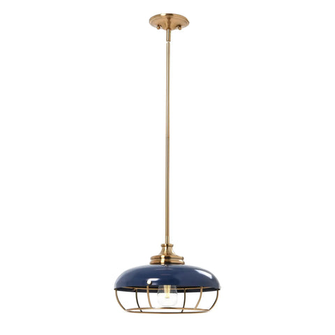 Industrial Caged Dome Metal Ceiling Light in Brushed Brass and Navy Blue Two Tone Finish For Cozy Vibe Kitchens Living Rooms And Hallways Hardwired Pendant Fixture Edison Bulbs 60W Max Bulb Not Included displayed from a side angle