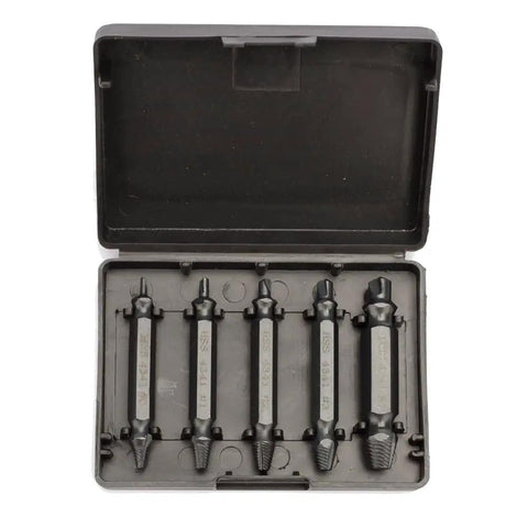 5 Piece Screw Extractor Kit For Easy Removal Of Rusty And Broken Hardware Stripped Screws And Bolts With Drill Bits HSS 4341 Nitride Coated