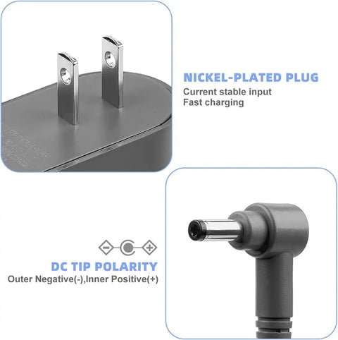Close-up of nickel-plated plug and DC tip for 30.45V Charger For Dyson V10 V11 V12 V15 Absolute Motorhead SV12 SV20 Cordless Vacuum Cleaner