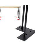 Heavy Duty Hairpin Table Legs Built Tough With Rock Solid Steel Construction Plus Replacement Furniture Sleds And Knockout Waterproof Finish For Diy Coffee Tables And Home Desks, close-up of legs next to bamboo tabletop.