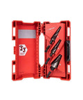 Kickstart Your Drilling Game With This Rad 3-Piece Titanium Step Bit Kit Compatible With Milwaukees And Standard Drivers Featuring Rapid Strike Tips For Fast Starts And Dual Spiral Flutes Perfect For Electrical Wiring And Mild Steel Projects Including. open red case with three titanium step drill bits