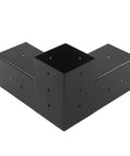 Kickass Heavy Duty Steel Bracket Kit For DIY Elevated Wood Stand Outdoor Projects Black Powder Coated Rust Resistant Hardware Set Eight Piece Pack For Deck Builds showing an angled view of three interconnected brackets.