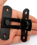 Right Angle Privacy Lock For Sliding Barn Doors And Cabinets Anti Tamper Cam Lock held in hand, black zinc alloy