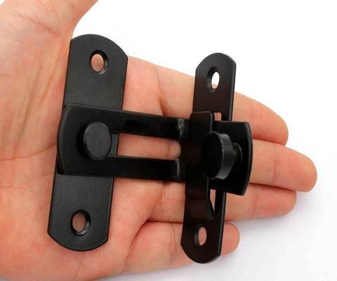 Right Angle Privacy Lock For Sliding Barn Doors And Cabinets Anti Tamper Cam Lock held in hand, black zinc alloy