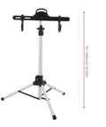 Rock Solid Three Point Bike Repair Stand And Display Rack With Adjustable Height And Nonslip Feet, shown from front, adjustable height 27.6 to 52 inches.