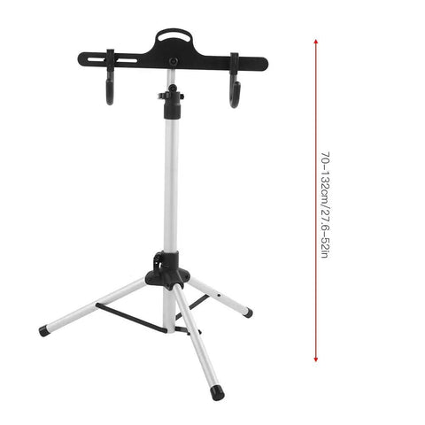 Rock Solid Three Point Bike Repair Stand And Display Rack With Adjustable Height And Nonslip Feet, shown from front, adjustable height 27.6 to 52 inches.