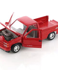 Chevy 454SS 1992 Red Diecast Pickup Truck One Twenty Fourth Scale With Opening Doors Hood Tailgate And Working Steering Classic 90s Rad Chevy Pickup Model Car Motormax showing engine and interior details