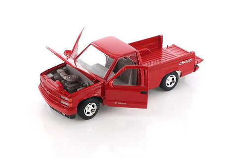 Chevy 454SS 1992 Red Diecast Pickup Truck One Twenty Fourth Scale With Opening Doors Hood Tailgate And Working Steering Classic 90s Rad Chevy Pickup Model Car Motormax showing engine and interior details