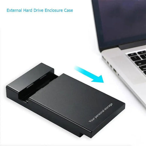 Hella Fast Sata Iii To Usb 3.0 External Hard Drive Enclosure For Three Point Five And Two Point Five Inch Drives With Uasp Support and No Sweat Plug And Play Setup next to a laptop.