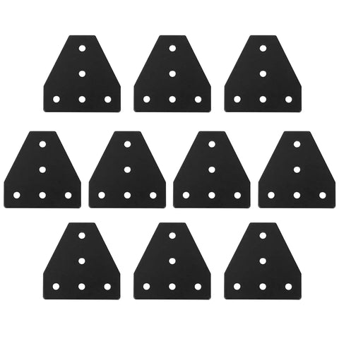 No Fuss Tough As Nails 2020 Aluminum Extrusion Connector Kit With 50 Locking T-Nuts, M5 X 8 Hex Bolts, And Heavy Duty Adjustable Wrench For Fast Custom Frames And DIY Builds, ten black connector plates arranged in two rows.