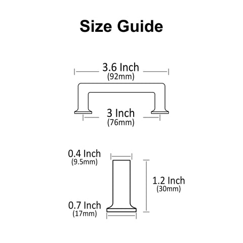 Size guide for Solid Cabinet Pulls And Handles 10 Pack In Brushed Antique Brass showing dimensions of 3.6x3x0.7 inches