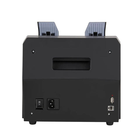 Back view of No Sweat Heavy Duty Money Counter With Bright LCD Screen For Quick Cash Counting, showing ports and feed slot.