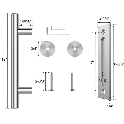 Diagram of 12 Inch Sliding Barn Door Handle Hardware Two Sided Design With Brushed Stainless Steel Pull Handle For Garden Gate And Shed.