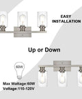 Diagram showing Three Light Wall Mount Bathroom Light Fixture in Brushed Nickel Finish with Seeded Glass Shade, easy installation.